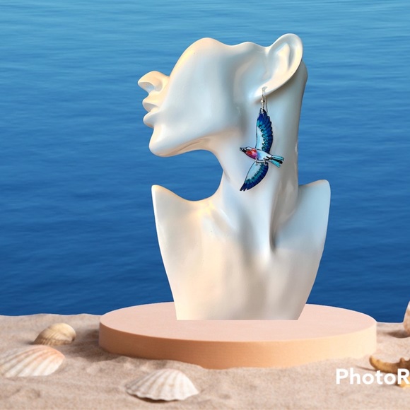 Handpainted lilac breasted roller bird earrings, sterling wires African birds - Picture 3 of 6